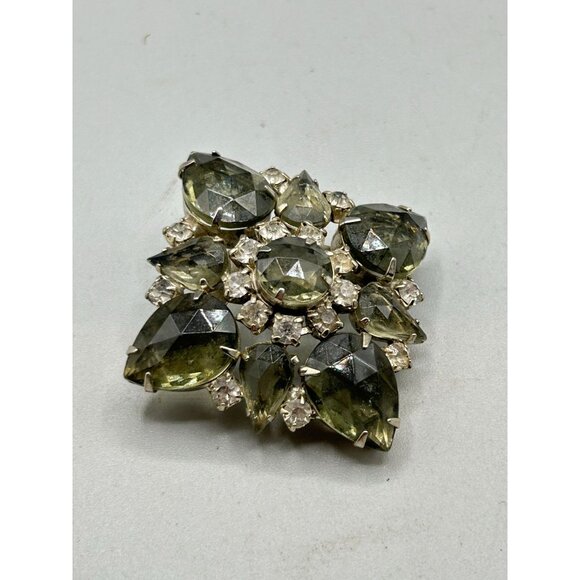 Vintage Grey Black Diamond Shape Rhinestones Pin Brooch Silver Tone Layered Pin - Picture 2 of 9